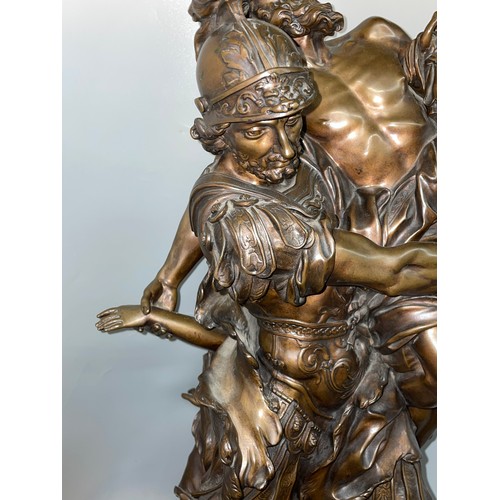 538 - AFTER PIERRE LEPAUTRE PATINATED BRONZE OF AENEAS CARRYING ANCHISES WITH ASCANIUS OUT OF TROY HEIGHT ... 