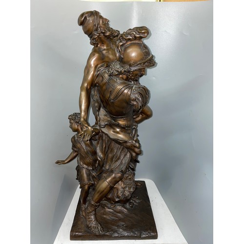 538 - AFTER PIERRE LEPAUTRE PATINATED BRONZE OF AENEAS CARRYING ANCHISES WITH ASCANIUS OUT OF TROY HEIGHT ... 