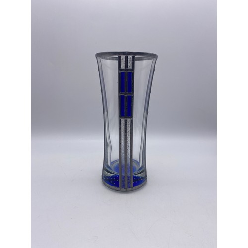 431 - BLUE AND LEADED SECESSIONIST STYLE TAPERED VASE WITH BUBBLE BASE