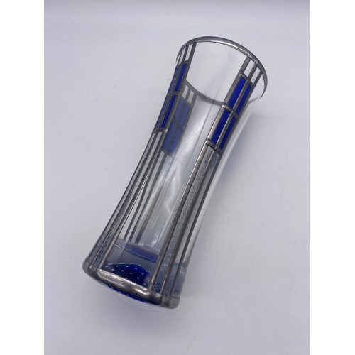 431 - BLUE AND LEADED SECESSIONIST STYLE TAPERED VASE WITH BUBBLE BASE