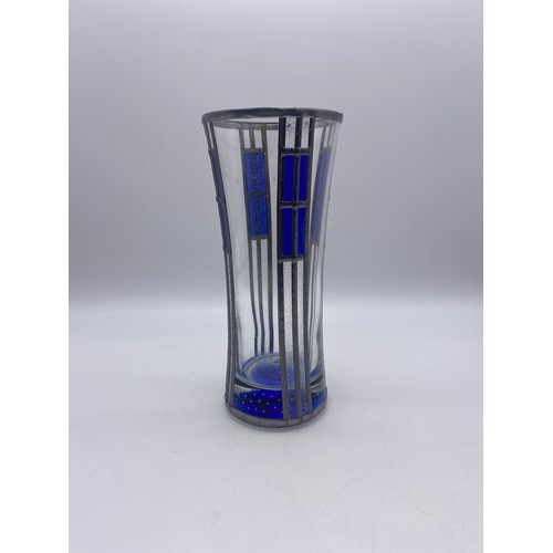 431 - BLUE AND LEADED SECESSIONIST STYLE TAPERED VASE WITH BUBBLE BASE