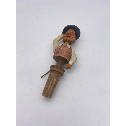 496 - CARVED AND PAINTED NOVELTY TIPPING HAT BOTTLE STOPPER, BODKIN CASE, ENAMEL EASEL BACKED POCKET WATCH... 