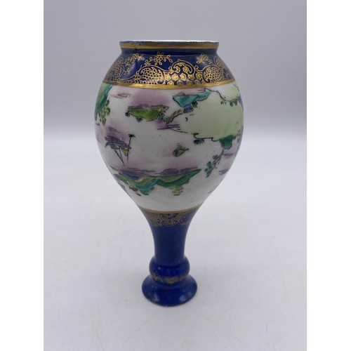 485 - PAIR OF CROWN STAFFORDSHIRE PORCELAIN BLUE SCALE GILDED CHINOISERIE BOTTLE VASES