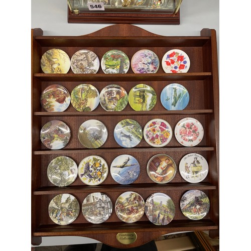 546 - WALL MOUNTED CENTENARY COLLECTION OF BONE CHINA PLATES, AND GLAZED MIRRORED CABINET OF CRYSTAL AND G... 