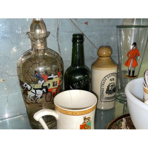 560 - EQUESTRIAN HUNTING AND COVENTRY RELATED GLASSWARE, TANKARD, CRESTED CHINA AND A 1911 ENAMELLED BEAKE... 