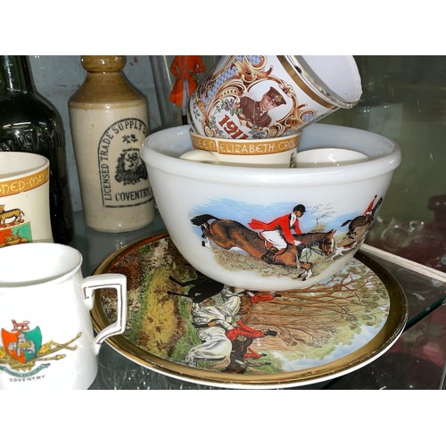 560 - EQUESTRIAN HUNTING AND COVENTRY RELATED GLASSWARE, TANKARD, CRESTED CHINA AND A 1911 ENAMELLED BEAKE... 