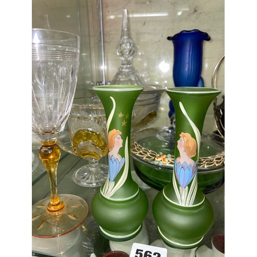 562 - SHELF OF ART NOUVEAU GREEN AND PAINTED SPILL VASES, AMBER GLASS BASKET, AMBER TINTED BOHEMIAN GLASSW... 