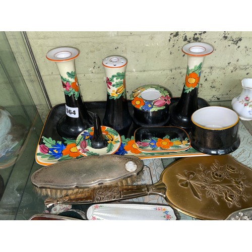 564 - BLACK AND FLOWER PAINTED DRESSING TABLE SET, AND VARIOUS HAND MIRRORS AND BRUSHES