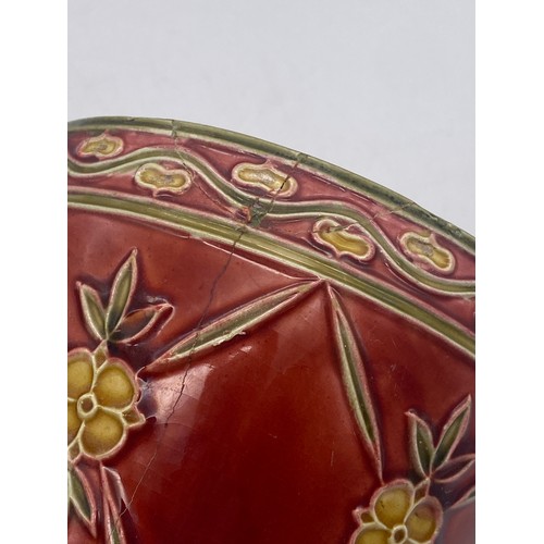 585 - MINTON LIMITED SECESSIONIST NUMBER 68 TAPERED VASE, NUMBER 42 SQUAT VASE A/F, AND A RED FLORAL PLANT... 