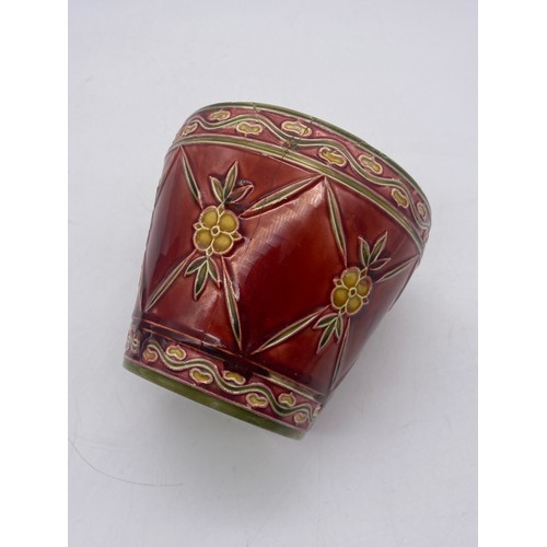 585 - MINTON LIMITED SECESSIONIST NUMBER 68 TAPERED VASE, NUMBER 42 SQUAT VASE A/F, AND A RED FLORAL PLANT... 