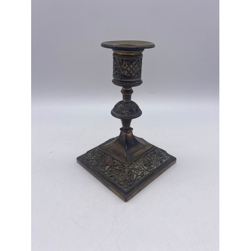 483 - PAIR OF GILT METAL SQUAT CANDLE STICKS