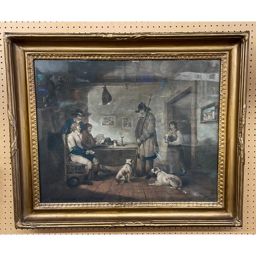 609 - AFTER GEORGE MORLAND PRINT ENTITLED ALE HOUSE POLITICIANS IN HEAVY GILT FRAME