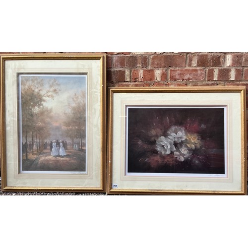 602 - TWO LITHOGRAPHIC PRINTS STILL LIFE OF FLOWERS AND LADIES STROLLING IN THE PARK