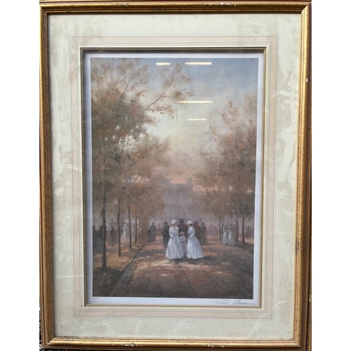 602 - TWO LITHOGRAPHIC PRINTS STILL LIFE OF FLOWERS AND LADIES STROLLING IN THE PARK