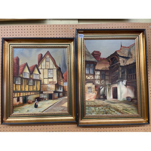 603 - D O BAKER 20TH CENTURY OILS ON BOARD OF TUDOR STREET AND COURTYARD FRAMED