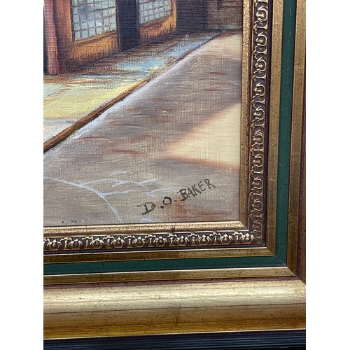 603 - D O BAKER 20TH CENTURY OILS ON BOARD OF TUDOR STREET AND COURTYARD FRAMED