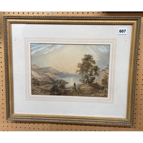 607 - 19TH CENTURY WATER COLOUR TWO FIGURES IN A HIGHLAND LANDSCAPE UNSIGNED FRAMED AND GLAZED