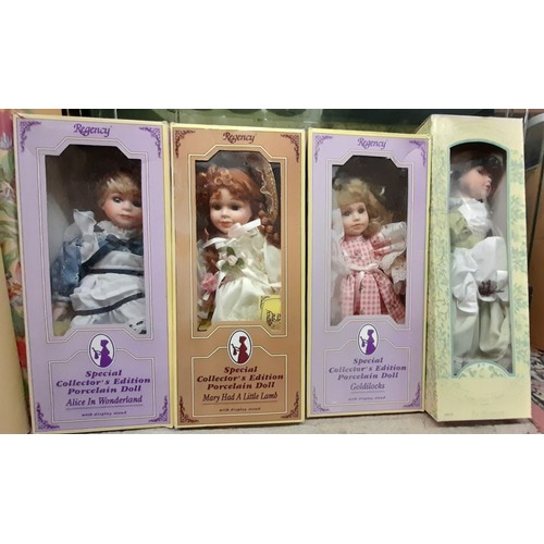 624 - THREE REGENCY PORCELAIN HEADED DOLLS, ALICE IN WONDER LAND, MARY HAD A LITTLE LAMP, GOLDI LOCKS, AND... 