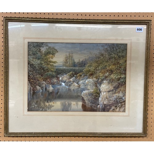 606 - E SALTER 1835-1934 WATER COLOUR THE WATER FALL SIGNED AND DATED 1884 FRAMED AND GLAZED