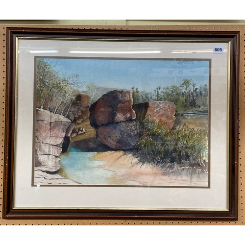 605 - 20TH CENTURY WATER COLOUR OF PALM VALLEY, ALICE SPRINGS AUSTRALIA SIGNED NARELLE DAY