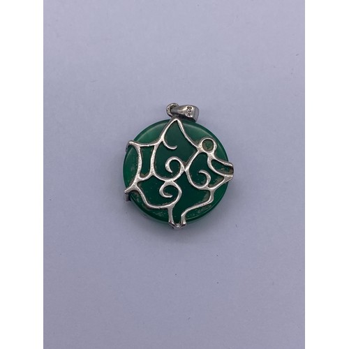 519 - SILVER MOUNTED COILED DRAGON CYLINDER JADE PENDANT, SILVER MOUNTED DISK PENDANT AND PAIR OF PEAR DRO... 