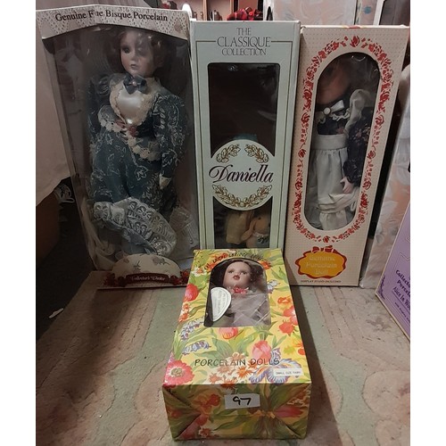 626 - TWO ABVERON BOXED DOLLS AND TWO OTHER BOXED BISQUE HEADED DOLLS, PLUS THREE UNBOXED DOLLS