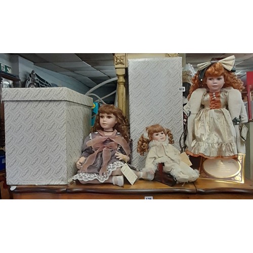 619 - THREE ALBERON PORCELAIN HEADED DOLLS LIMITED EDITION NOELLE AND GINA, AND JILLY