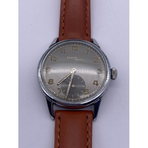 533 - GENTLEMANS ZENITH SPORTO MANUAL WIND WRISTWATCH WITH SUBSIDIARY DIAL SERIEL NUMBER 8486672 ON LEATHE... 