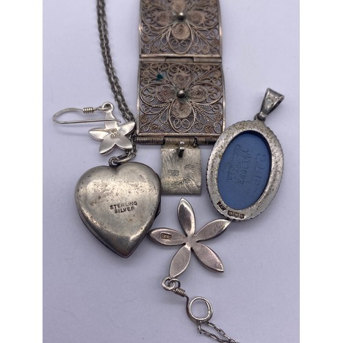 510 - SILVER HEART SHAPED LOCKET ON TRACE CHAIN, SILVER PETAL EARRINGS, NECKLACE, JAPSERWARE PENDANT, AND ... 