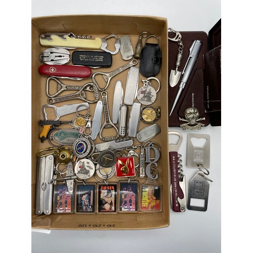 TRAY OF BOTTLE OPENERS, NOVELTY KEY RINGS, POCKET KNIVES, RONSON