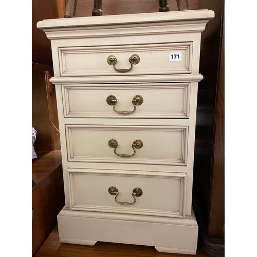 65 - CREAM FOUR DRAWER BEDSIDE CHEST WITH BALE HANDLES