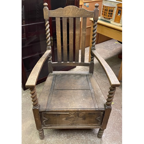 80 - OAK BARLEY TWIST COMMODE ELBOW CHAIR