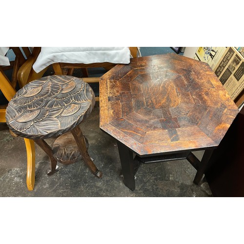 110 - CARVED LOTUS PETAL TOPPED JARDINIERE STAND AND SMALL OCTAGONAL TABLE WITH PARQUETRY TOP