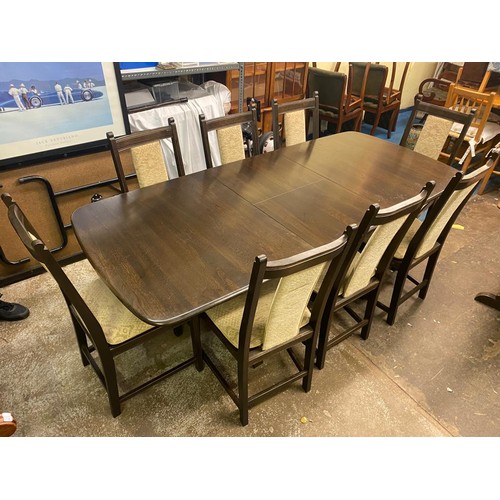 35 - DARK ELM ERCOL REFECTORY DINING TABLE AND SIX UPHOLSTERED DINING CHAIRS