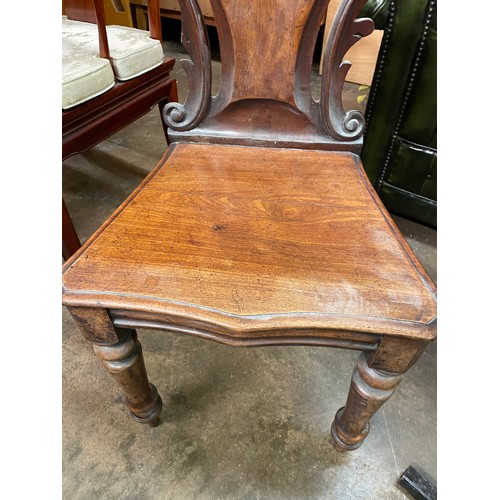 63 - VICTORIAN CARVED CARTOUCHE SHAPED BACK MAHOGANY HALL CHAIR