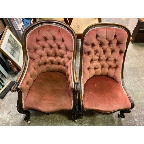 84 - VICTORIAN CARVED WALNUT FRAMED BUTTON BACK UPHOLSTERED GENTLEMANS SCROLL ARMCHAIR AND MATCHING NURSI... 