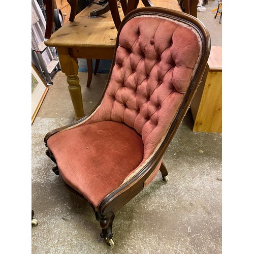 84 - VICTORIAN CARVED WALNUT FRAMED BUTTON BACK UPHOLSTERED GENTLEMANS SCROLL ARMCHAIR AND MATCHING NURSI... 