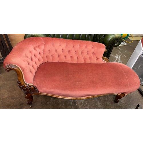 85 - SERPENTINE FRONTED WALNUT PINK UPHOLSTERED CHAISE LONGE