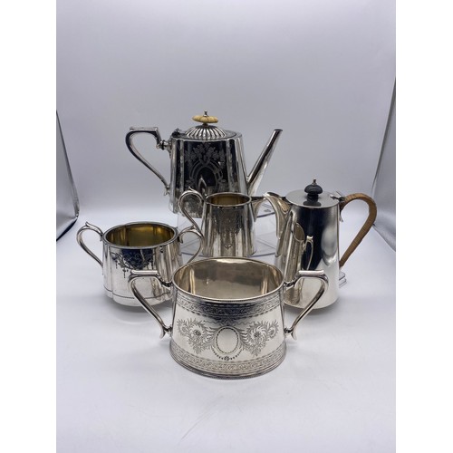 260 - VICTORIAN AND ELECTROPLATED ENGRAVED FOUR PIECE TEASET AND A LATER HOT WATER JUG