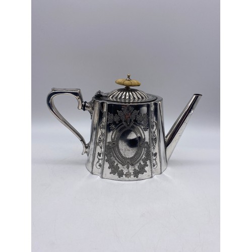 260 - VICTORIAN AND ELECTROPLATED ENGRAVED FOUR PIECE TEASET AND A LATER HOT WATER JUG