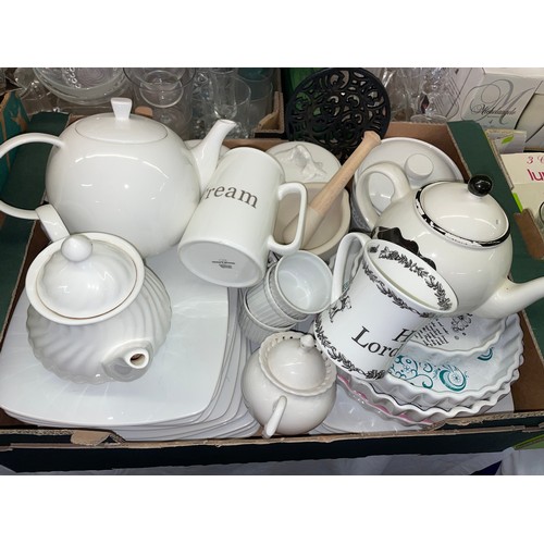 320 - WHITE BLANC DE CHINE STORAGE CANISTERS, TEA POT, FLAN DISHES, RAMEKINS'