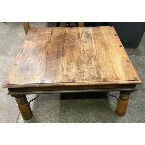 90 - SPANISH WALNUT AND IRON STRAPWORK SQUARE TABLE