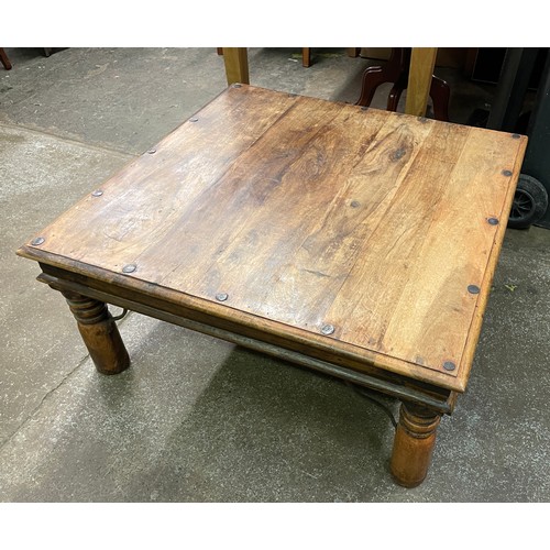 90 - SPANISH WALNUT AND IRON STRAPWORK SQUARE TABLE