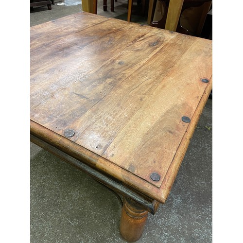 90 - SPANISH WALNUT AND IRON STRAPWORK SQUARE TABLE