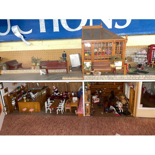 127 - MODEL DOLLS HOUSE SHOP FRONT FACADE WITH  GREEN HOUSE AND ACCESSORIES