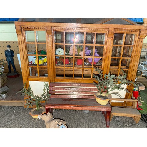 127 - MODEL DOLLS HOUSE SHOP FRONT FACADE WITH  GREEN HOUSE AND ACCESSORIES