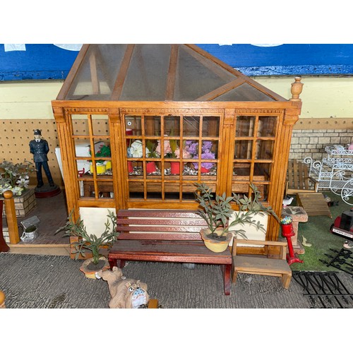 127 - MODEL DOLLS HOUSE SHOP FRONT FACADE WITH  GREEN HOUSE AND ACCESSORIES