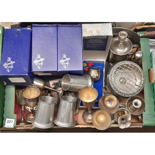 327 - TWO CARTONS CONTAINING EPNS GOBLETS, PEWTER TANKARDS, ROSEBOWL, CUTLERY SETS, AND METALWARE