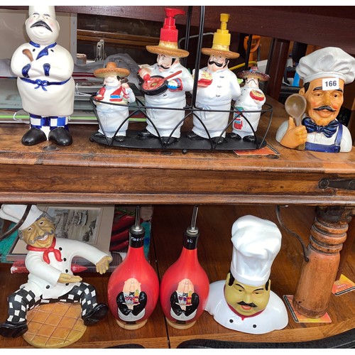 166 - SELECTION OF POTTERY AND RESIN CHEF ORNAMENTAL FIGURES, SAUCE DISPENSERS AND TRAY