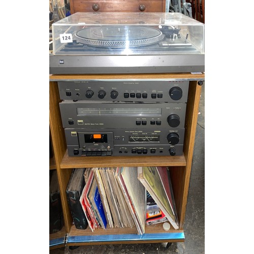 124 - DUAL 505 TURNTABLE, NAD SEPERATES, SOME LP RECORDS IN CABINET